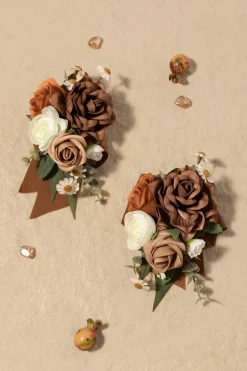 Wrist and Shoulder Corsages in Earth Brown & Burnt Orange & Sand Beige (Set of 2)