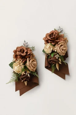 Wrist and Shoulder Corsages in Walnut Brown & Sand Beige (Set of 2)