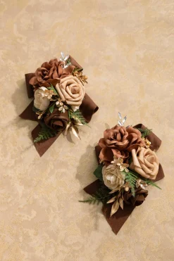 Wrist and Shoulder Corsages in Walnut Brown & Sand Beige (Set of 2)