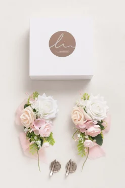 Wrist and Shoulder Corsages in Blush & White