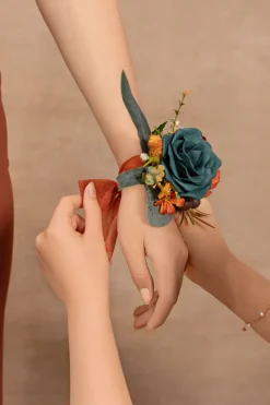 Wrist Corsages in Dark Teal & Burnt Orange