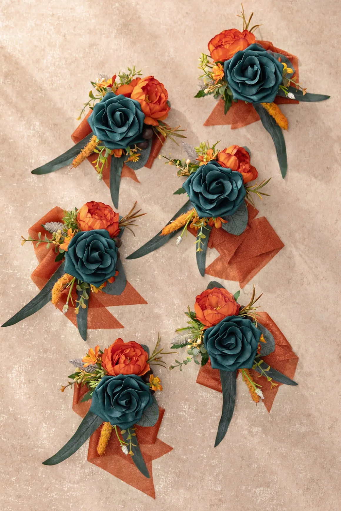 Wrist Corsages in Dark Teal & Burnt Orange