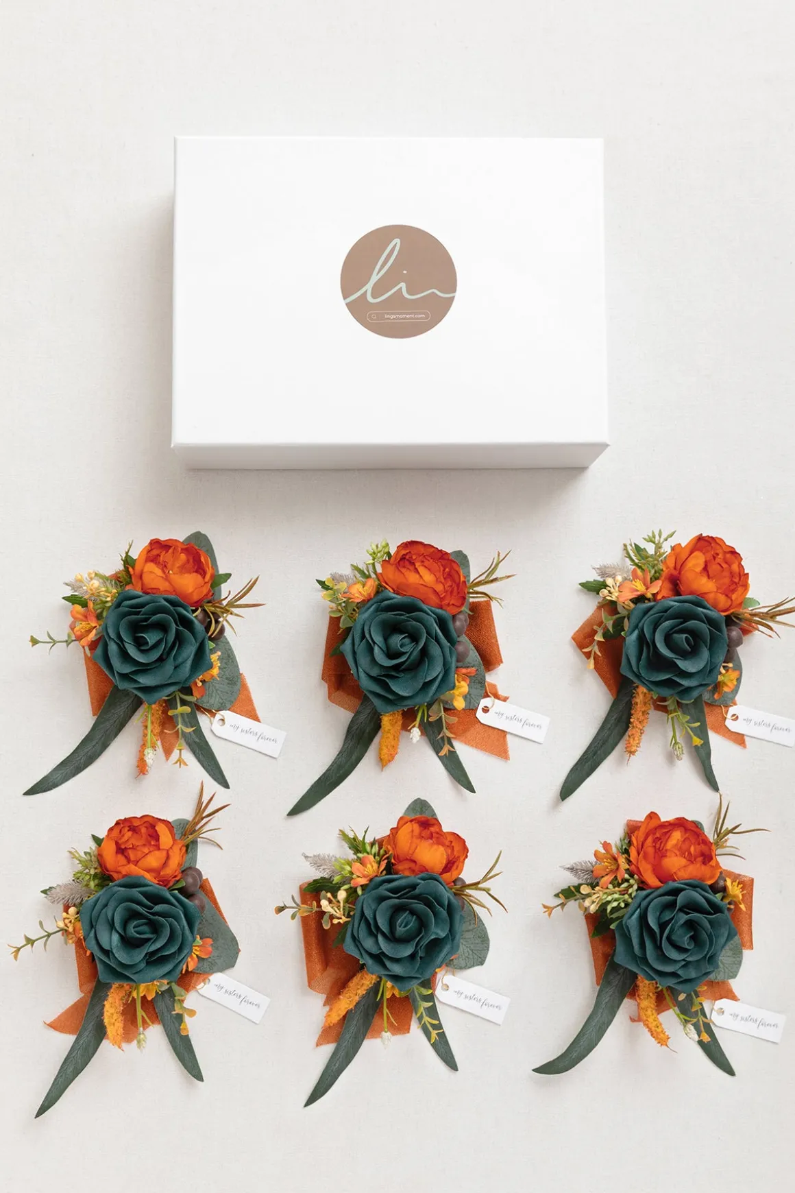 Wrist Corsages in Dark Teal & Burnt Orange