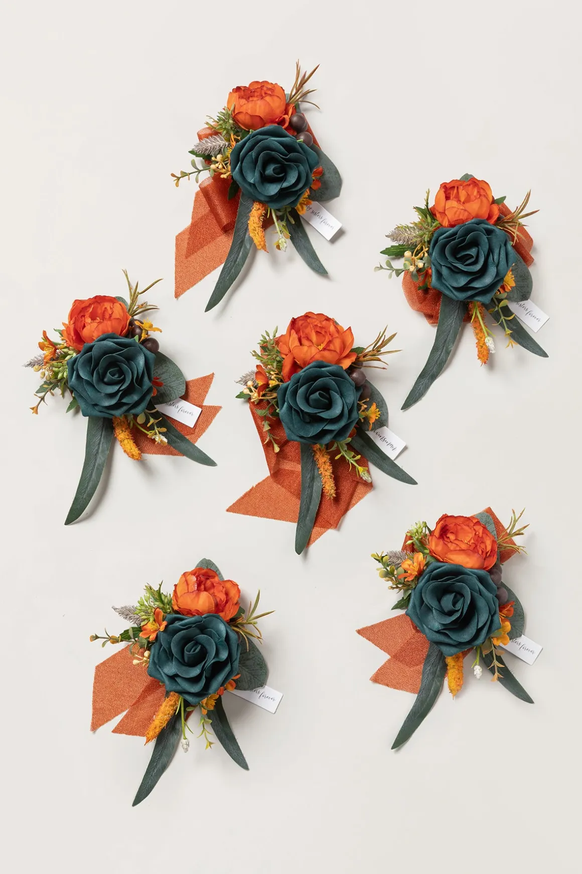 Wrist Corsages in Dark Teal & Burnt Orange