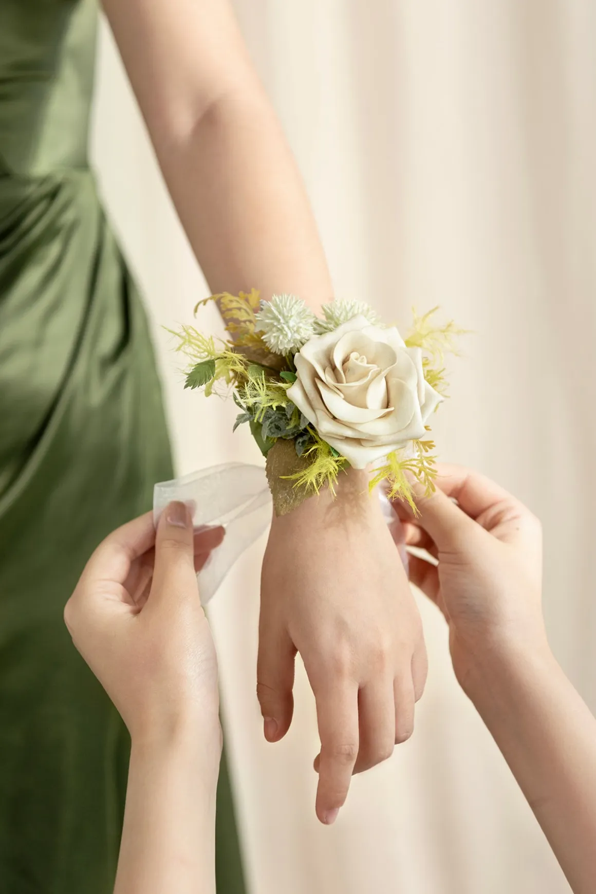 Wrist Corsages in Emerald & Tawny Beige | Clearance