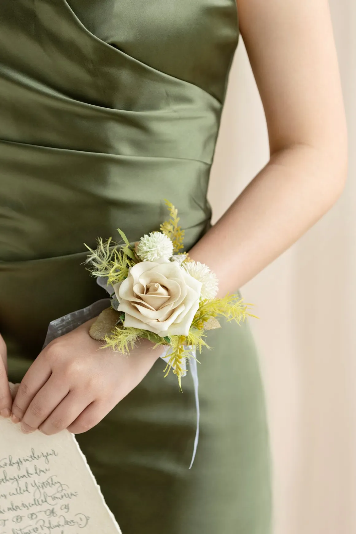 Wrist Corsages in Emerald & Tawny Beige | Clearance