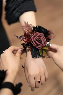 Wrist Corsages in Moody Burgundy & Black | Clearance