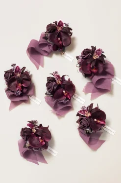 Wrist Corsages in Plum Velvet Wedding (Set of 6)