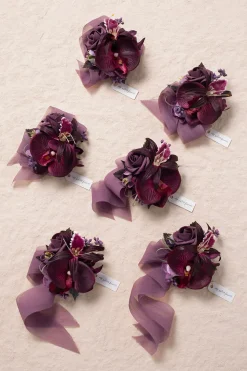 Wrist Corsages in Plum Velvet Wedding (Set of 6)