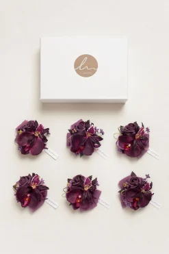 Wrist Corsages in Plum Velvet Wedding (Set of 6)