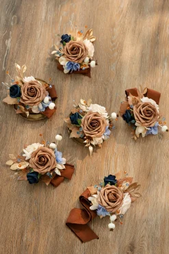 Wrist Corsages in Russet Orange & Denim Blue