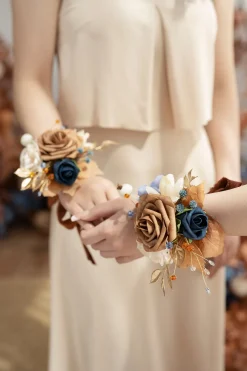 Wrist Corsages in Russet Orange & Denim Blue
