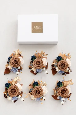 Wrist Corsages in Russet Orange & Denim Blue