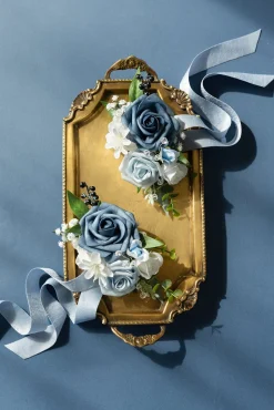 Wrist Corsages & Shoulder Corsages in Dusty Blue & Powder Blue